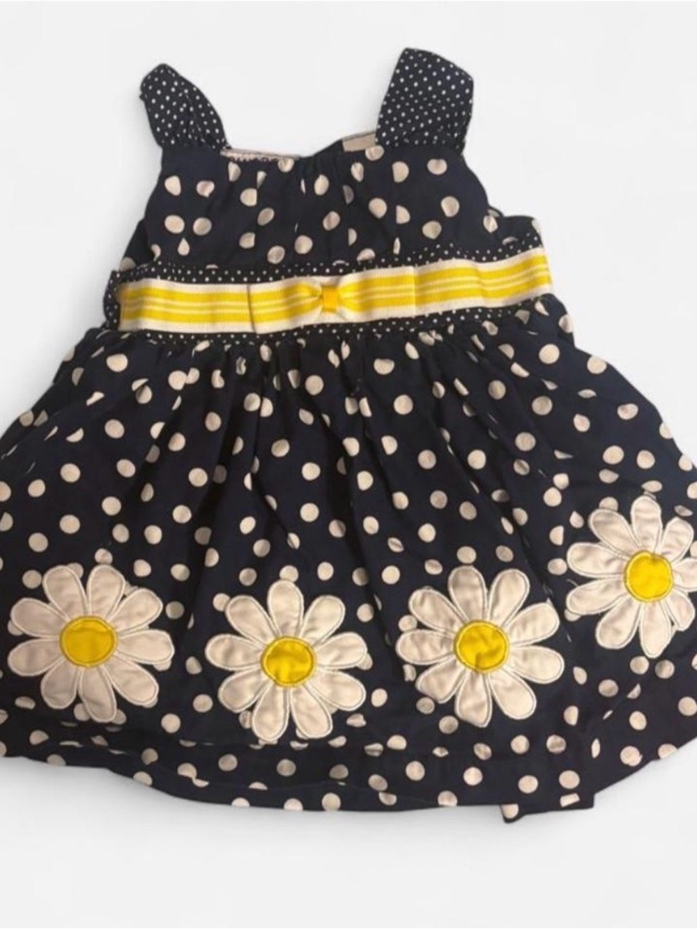 Blueberi Boulevard Navy Polka Dot Dress with Cream Daisies and Yellow Accents